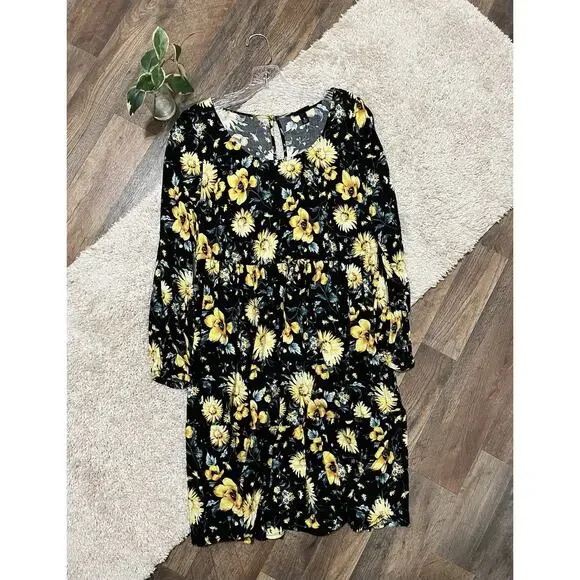 Torrid Size 0X Black Yellow Floral Drawstring Shirred Skater Challis Mini Dress - Picture 2 of 7